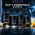 Atlas GLP-1 Essentials Bundle with vanilla whey protein, creatine hydration, chocolate collagen peptides, and lemonade hydration